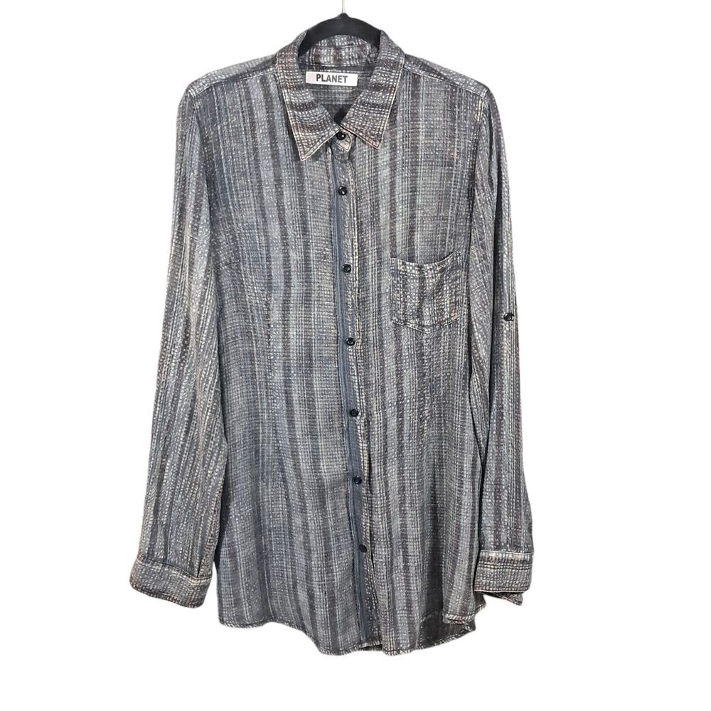 Planet Mens Button Down‎ Shirt Size Medium Gray Striped Roll Tab Sleeve USA Made